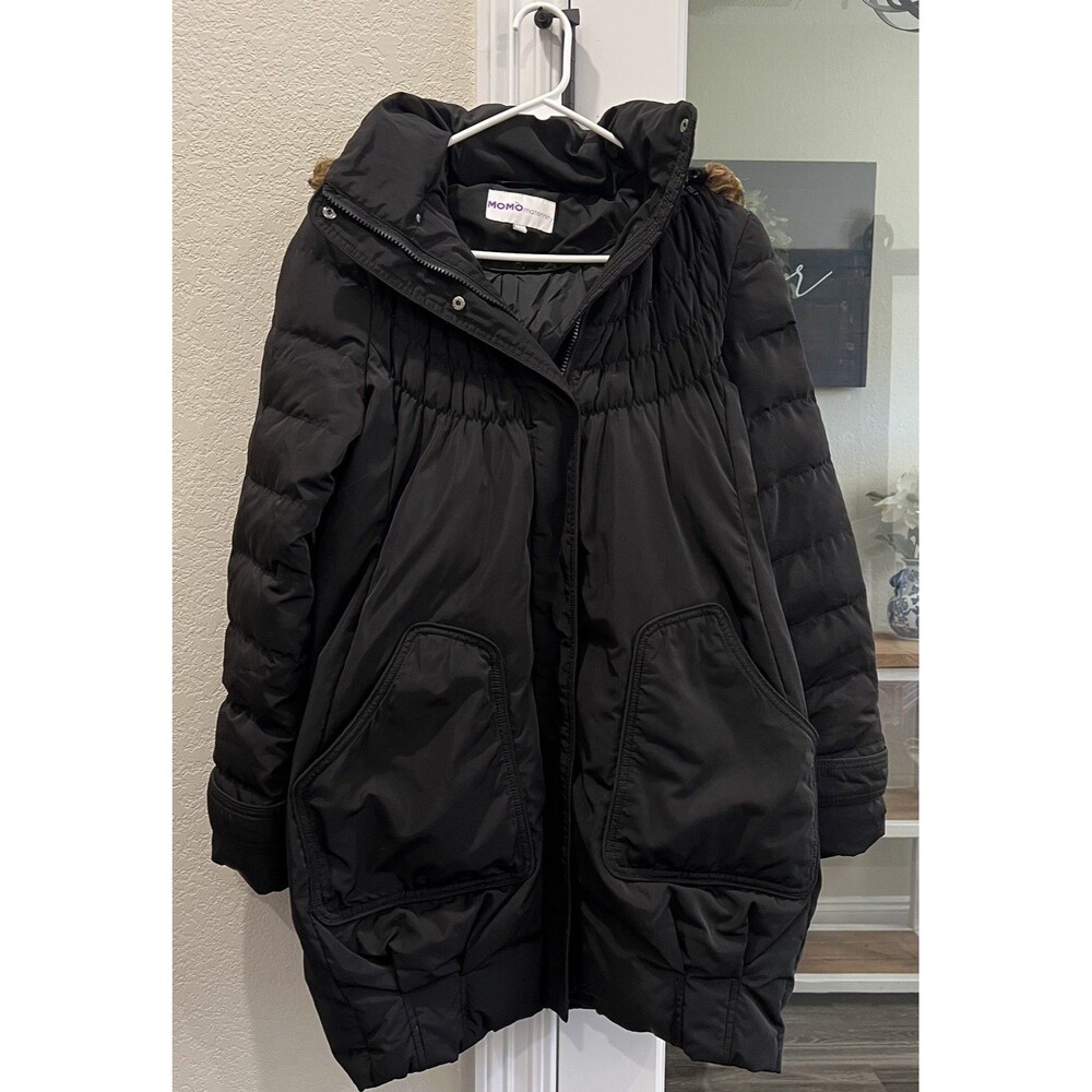 MOMO Maternity Black Down Puffer Coat Faux Fur Hood Women’s Medium M